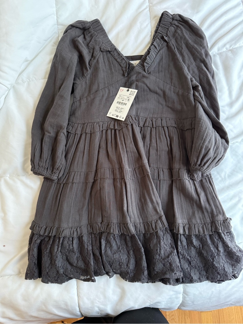 Girls Zara Gray Tiered Long-Sleeve Dress with Lace Hem